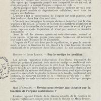 0102 - Page 100 - Sociétés savantes. Société française d'oto-rhino-laryngologie. Congrès tenu à Paris du 14 au 17 octobre 1925. C.-E. Benjamins (Groningue). - Recherches sur l'organe paratympanique de Vitali chez les oiseaux / Bouchet et Louis Leroux. - Sur le vertige de position / Quix... - Devons-nous réviser nos théories sur la fonction de l'organe vestibulaire ?
