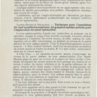 0106 - Page 104 - Sociétés savantes. Société française d'oto-rhino-laryngologie. Congrès tenu à Paris du 14 au 17 octobre 1925. J. Girou. - La légende de l'adrénaline hypertensive. Le traitement des éclipses auditives chez les hypertendus par l'adrénaline / Lafitte Dupont et Sekoulitch. - Technique pour l'anesthésie du nerf maxillaire supérieur, du ganglion sphéno-palatin pour l'exploration du sinus sphénoïdal