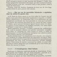 0124 - Page 122 - Sociétés savantes. Société française d'oto-rhino-laryngologie. Congrès tenu à Paris du 14 au 17 octobre 1925. Guizez. - Considérations sur nos différents cas de corps étrangers de l'oesophage et des bronches dans ces six dernières années / Gault. - Sur un cas de parotidite bilatérale à répétition chez un enfant de quatre ans / Jacques. - L'oespophagisme chez l'enfant / Kowler. - Tumeur du voile du palais en entier traitée par l'électro-coagulation (diathermie). Récidive