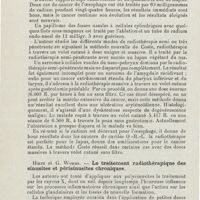 0128 - Page 126 - Sociétés savantes. Société française d'oto-rhino-laryngologie. Congrès tenu à Paris du 14 au 17 octobre 1925. Souchet. - Tumeur mixte dysembryolplastique du voile en voie de dégénérescence maligne traitée et guérie depuis vingt mois par le traitement radiumthérapique après échec du traitement chirurgical / H. Proby. - Traitement des néoplasies en oto-rhino-laryngologie, par le radium et la radiothérapie à propos de huit observations / Hirtz et G. Worms. - Le traitement radiothérapique des sinusites et périsinusites chroniques