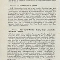 0130 - Page 128 - Sociétés savantes. Société française d'oto-rhino-laryngologie. Congrès tenu à Paris du 14 au 17 octobre 1925. Gault. - Considérations sur quelques cas d'épithéliomas des premières voies respiratoires / Bourguet. - Présentation d'opérés / A. Nepveu. - Note sur l'oto-rhino-laryngologie aux Etats-Unis et au Canada