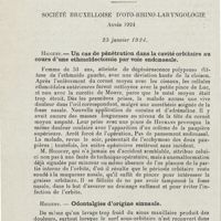 0178 - Page 176 - Sociétés savantes. Société bruxelloise d'oto-rhino-laryngologie. Année 1924. 25 janvier 1924. Hicguet. - Un cas de pénétration dans la cavité orbitaire au cours d'une ethmoïdectomie par voie endonasale / Hicguet. - Odontalgies d'origine sinusale