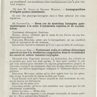 0211 - Page 209 - Sociétés savantes. IIe Congrès national espagnol des sciences médicales. Séville, 15-20 octobre 1924. Section de O.-R.-L. II. Larynx. 18) Castro Escalada... - Considérations sur les fractures du larynx / 19) José M. Aliaga et Ergasto Marenco. - Laryngopathies d'origine gastro-intestinale / 20) Sachez-Cid. - Deux cas de synéchies laryngées post-diphtériques à la suite d'intubation répétées et de trachéotomie / 21) Gonzalez Diez. - Traitement radio et radium-thérapique associé ou non à la diathermo-coagulation dans le traitement du cancer et autres tumeurs laryngées