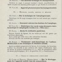 0212 - Page 210 - Sociétés savantes. IIe Congrès national espagnol des sciences médicales. Séville, 15-20 octobre 1924. Section de O.-R.-L. II. Larynx. 21) Gonzalez Diez. - Traitement radio et radium-thérapique associé ou non à la diathermo-coagulation dans le traitement du cancer et autres tumeurs laryngées / 22) Hinojar. - Une nouvelle technique de laryngectomie / III. Oesophage, trachée, bronches et médiastin. 24) Cobos. - Sur la technique de l'oesophagoscopie / 27) Segura. - Abcès du médiastin postérieur / 28) Romero. - Traitement endo-bronchique de l'asthme. Modification à une technique et résultats actuels / IV. Oreille et complications auriculaires. 29) Castro et Escalada... - Sur le développement de l'appareil auditif chez les mammifères / 30. F. Casadesus. - Physiologie de l'appareil vestibulaire et ses applications à la pathologie