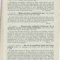 0217 - Page 215 - Revue analytique (Ouvrages, thèses et articles). F. Lasagna... - Le rhino-sclérome des voies respiratoires. Journ. of Laryng. and Otol... [Quirin] / Rebattu. - Volumineux rhinolithe. Soc. de méd. de Lyon..., in Lyon méd... [Dr Sargnon] / F. Campe. - Myxo-sarcome congénital du nez. Atti Clinica Oto-Rino-Laringologica... [Malan] / G. Ferreri. - Dégénération polypoïde récidivante de la muqueuse nasale et des cavités accessoires. Atti Clinica Oto-Rino-Laringologica... [Malan] / G.-A.-D. Arthur. - Un cas de granulome malin des fosses nasales. Journ. of. Laryng. and. Otol...