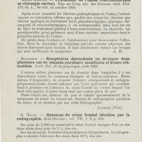0220 - Page 218 - Revue analytique (Ouvrages, thèses et articles). Dr de Sojo. - Traitement chirurgical de l'ozène. Revista espanola de Laryngologia... / Mejias Manzano - Traitement de l'ozène (vaccinothérapie et chirurgie exclue). Rap. Au Cong. nat. Des sciences méd. Sect. d'O.-R.-L., Séville... / Bilancioni. - Symptômes discordants ou étranges dans plusieurs cas de sinusite purulente maxillaire et fronto-ethmoïdale. Arch. Ital. di laryngologia... [Lapouge] / O. Nylen. - Absences du sinus frontal décelées par la radiographie. Acta Oto-Lar... / W.-H. Kelson. - Quelques tumeurs osseuses des os du nez et du voisinage. Journ. of Laryng. and Otol... [Quirin]