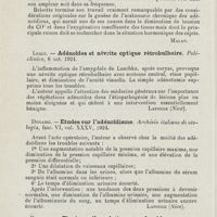 0224 - Page 222 - Revue analytique (Ouvrages, thèses et articles). P. Brisette. - De la valeur de la tension de l'O et du CO2 dans l'air alvéolaire et dans le sang des adénoïdiens. Atti Clinica Oto-Rhino Laryngologica... [Malan] / Leale. - Adénoïdes et névrite optique rétrobulbaire. Policlinico... [Lapouge] / Donadei. - Etudes sur l'adénoïdisme. Archivio italiano di otologia... [Lapouge] / Escat. - Fluxion vélo-palatine pseudo-phlegmoneuse. O.-R.-L. Intern...