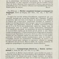 0230 - Page 228 - Revue analytique (Ouvrages, thèses et articles). F. Campo. - Influence du sympathique cervical sur le larynx. Atti Clinica Oto-Rhino-Laryngologica... / Dan M'Kenzie. - Stridor congénital laryngé accompagné de dysphagie. Journ. of. laryng. and Otol... [Quirin] / R. Claoué. - Laryngoscopie directe en «flexion cervico-dorsale». Acta. oto. lar... / Hasslinger. - Un nouvel appareil auto-statique pour laryngoscopie directe. Acta. Oto. Lar...