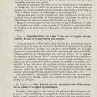 0324 - Page 322 - Sociétés savantes. Société française d'oto-rhino-laryngologie. Congrès tenu à Paris du 14 au 17 octrobre 1926 (fin). Brindel. - Quelques cas de corps étrangers des voies aériennes chez l'enfant / Bar. - Considération au sujet d'un cas d'herpès zoster. cervico-facial avec paralysie pharyngée / R. Rebattu. - Sur quatre cas de paralysie des dilatateurs de la glotte d'origine syphilitique
