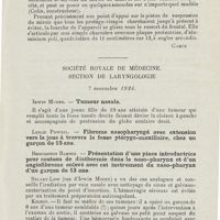 0329 - Page 327 - Sociétés savantes. Société française d'oto-rhino-laryngologie. Congrès tenu à Paris du 14 au 17 octobre 1926 (fin). A. Nepveu. - Nouveau protège-visage se fixant extemporanément au miroir de Clar / Société royale de médecine. Section de laryngologie. 7 novembre 1924. Irwin Moore. - Tumeur nasale / Broughton Barnes. - Présentation d'une pince introductrice pour couteau de diathermie dans le naso-pharynx et d'un angiofibrome enlevé avec cet instrument du naso-pharynx d'un garçon de 13 ans