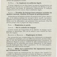 0344 - Page 342 - Sociétés savantes. Société royale de médecine. Section d'otologie. 8 novembre 1924. Tanni. - Observations sur les apophyses vocales / Di Majo. - La dysphonie en médecine légale / Papale. - Troubles du langage dans certaines maladies du système nerveux, étudiées au moyen de palatogrammes / Jannuzzi. - Sur la mélodie du langage / Bilancioni et Meldolesi. - Diaphragme et chant / Masini. - Effets de la destruction des expansions nerveuses cochléaires sur l'audition / Rimini. - Indications opératoires de la labyrinthite purulente