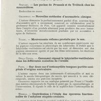 0345 - Page 343 - Sociétés savantes. Société italienne d'oto-rhino-laryngologie. XXIe Congrès, Naples, 27-29 octobre 1925. Rimini. - Indications opératoires de la labyrinthite purulente / Spadaro. - Les poches de Prussak et de Tröltsch chez les mammifères / Gradenigo. - Nouvelles méthodes d'acoumétrie clinique / Tullio. - Mouvements réflexes produits par le son / Poppi. - Sur deux cas d'ostéomyélite temporo-pariéto-occipitale d'origine auriculaire / Merelli. - Contribution à l'étude des épreuves fonctionnelles de l'ankylose stapédo-ovalaire