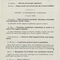 0350 - Page 348 - Sociétés savantes. Société viennoise de laryngo-rhinologie. 7 avril 1925. Gunplinger. - Hémangiomes du larynx / Hutter. - Onzène traité avec succès par les vaccins de Hofer / Société autrichienne d'otologie. 27 avril 1925. Gatscher. - Otite moyenne purulente chronique réchauffée avec paralysie faciale totale / O. Beck. - Paralysie vestibulaire unilatérale et isolée à la suite d'une angine septique / O. Mayer. - L'opération précoce dans la mastoïdite / Bondy. - Symptôme de la fistule avec nystagmus vertical / O. Mayer. - Abcès subdural