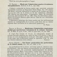 0370 - Page 368 - Revue analytique (Ouvrages, thèses et articles). Maliniak. - L'ivoire dans la rhinoplastie. Archives of otolaryngology... / H. Razemon. - Etude sur l'obstruction nasale et la tuberculose pulmonaire. Bulletin O.-R.-L... [H. Proby] / Rebattu et Mayoux. - Syndrome d'obstruction respiratoire réalisé par une fracture méconnue de la colonne cervicale. Soc. de méd. de Lyon..., in Lyon méd... [Sargnon] / Sercer... - Une forme particulière des perforations de la cloison nasale. Cas. lék. ces...
