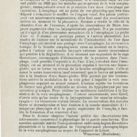 0380 - Page 378 - Revue analytique (Ouvrages, thèses et articles). Seeman. - Etude physiologique et expérimentale sur la formation de la parole sans larynx, surtout de la voix oesophagiennes. Cas. lék. ces... [Wiskovsky] / Seeman. - Les mouvements respiratoires et phonateurs de la paroi oesophagienne et leur enregistrement graphique. Cas. lék. ces...