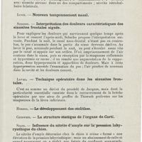 0461 - Page 459 - Sociétés savantes. Ve Congrès allemand d'O.-R.-L. Breslau, 28-30 mai 1925. Blohmke. - Les sinusites du nourrisson / Bruggemann. - Quatre affections du sinus maxillaire / Scheibe. - Interprétation des douleurs caractéristiques des sinusites frontales aiguës / Laval. - Technique opératoire dans des sinusites frontales / Szasz. - Influence du nitrite d'amyle sur la pression labyrinthique du chien / Specht. - Contribution à la physiologie de l'oreille