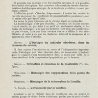 0462 - Page 460 - Sociétés savantes. Ve Congrès allemand d'O.-R.-L. Breslau, 28-30 mai 1925. Berberich. - Les bouchons de cérumen récidivants / Forschner. - Le catarrhe sécrétant de l'oreille moyenne / Ruttin. - L'étiologie du catarrhe sécréteur, dans les tumeurs du cavum / Kreinz. - Formation et évolution de la mastoïdite / V. Eicken. - L'évidement par le conduit