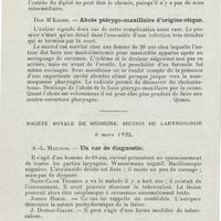 0468 - Page 466 - Sociétés savantes. Société royale de médecine. Section d'otologie. 7 mars 1925. Bitchie Rodger. - Infection intra-cranienne consécutive à un abcès sous-périosté / Dan M'Kenzie. - Abcès ptérygo-maxillaire d'origine otique / Société royale de médecine. Section de laryngologie. 6 mars 1925. A.-L. Macleod. - Un cas de diagnostic / Bedford Russell. - Sténose laryngée datant de 18 ans traitée par l'intubation