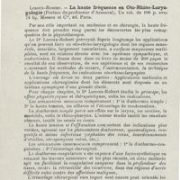 0502 - Page 500 - Revue analytique (Ouvrages, thèses et articles). F. Nagelschmidt. - La diathermie chirurgicale dans les affections de la tête et du cou. Acta oto-Lar... / Leroux-Robert. - La haute fréquence en oto-rhino-laryngologie (Préface du Professeur d'Arsonval)... Masson et Compagnie, éd. Paris