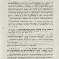 0503 - Page 501 - Revue analytique (Ouvrages, thèses et articles). Leroux-Robert. - La haute fréquence en oto-rhino-laryngologie (Préface du Professeur d'Arsonval)... Masson et Compagnie, éd. Paris / E.-P. Cumberbatch. - Le traitement des tumeurs malignes par la diathermie. Acta oto-laryngologica... / H. Hays. - L'immunisation locale du nez, de la gorge et des oreilles par la vaccination bactérienne. Arch. of oto-laryngology... / A.-P. Raspopoff. - La loi de Mendel dans ses rapports avec les maladies du nez, de la gorge et de l'oreille. Journal des maladies de l'oreille, du nez et de la gorge...