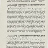 0506 - Page 504 - Revue analytique (Ouvrages, thèses et articles). D. Harmer. - Traitement des tumeurs malignes des voies aériennes supérieures par la diathermie. Acta Oto-Laryngologica... / V.-J. Voyaczer. - De l'hérédité de certaines affections oto-laryngologiques. Journal (russe) des maladies de l'oreille, du nez et de la gorge... [S. Kompagneetz] / E.-N. Malioutine. - Les maladies professionnelles de l'oreille de la gorge et du nez. Journal (russe) des maladies de l'oreille, du nez et de la gorge...