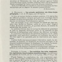 0507 - Page 505 - Revue analytique (Ouvrages, thèses et articles). E.-N. Malioutine. - Les maladies professionnelles de l'oreille de la gorge et du nez. Journal (russe) des maladies de l'oreille, du nez et de la gorge... [S. Kompagneetz] / A. Moulonguet. - Les grands syndromes oto-rhino-laryngologiques... / Professeur A. Ivanoff. - Les maladies des voies respiratoires supérieures dans le typhus exanthématique. Journal (russe) des maladies de l'oreille, du nez et de la gorge...
