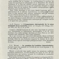 0509 - Page 507 - Revue analytique (Ouvrages, thèses et articles). Dabney. - Radiographie de la mastoïde. The Laryngoscope... / A.-H. Cheatle. - L'importance chirurgicale de la veine émissaire de la mastoïde. Journ. of. Laryng. and otology... [Quirin] / E.-L. Moussé. - La question de l'audition binauriculaire, Journal (russe) des maladies de l'oreille du nez et de la gorge...