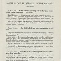 0601 - Page 599 - Sociétés savantes. Société royale de médecine. Section d'otologie. 2 mai 1925. H. Cheatle. - L'importance chirurgicale de la veine émissaire de la mastoïde / Nicol Rankin. - Surdité bilatérale consécutive aux oreillons / Dan M'Kenzie. - Surdité bilatérale brusque d'origine inconnue chez un enfant