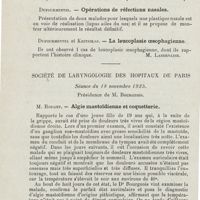 0610 - Page 608 - Sociétés savantes. Société d'oto-rhino-laryngologie de Paris. 10 décembre 1925. Caboche. - La névralgie des premières paires cervicales en otologie et rhinologie / Dufourmentel. - Opérations de réfections nasales / Dufourmentel et Kritsikas. - La leucoplasie oesophagienne / Société de laryngologie des hôpitaux de Paris. Séance du 18 novembre 1925. M. Rouget. - Algie mastoïdienne et coquetterie