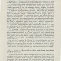 0617 - Page 615 - Sociétés savantes. Société de laryngologie des hôpitaux de Paris. Séance du 18 novembre 1925. Rouget et Lemariez. - Névrite rétro-bulbaire chez une enfant de 10 ans, guérie par opération sur les sinus sphénoïdaux / M. A. Bloch. - Neuro-labyrinthite spécifique, améliorée par le traitement