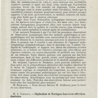 0625 - Page 623 - Sociétés savantes. Société de laryngologie des hôpitaux de Paris. Séance du 18 novembre 1925. M. Hoffmann... présenté par le Dr Hautant. - Traumatisme cranien, lésion labyrinthique avec dissociation nystagmique / M. J. Tarneaud. - Céphalées et vertiges dus à une affection dentaire