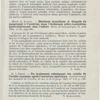 0637 - Page 635 - Revue analytique (Ouvrages, thèses et articles). G. Liébault. - L'évidement pétro-mastoïdien, ses indications, ses résultats. Paris Médical... / Moers et Zanotti. - Résultats immédiats et éloignés du pansement à l’ambrine dans l'évidement pétro-mastoïdien particulièrement chez l'enfant. Revue de Laryngologie... [A. Aubin] / D. I. Zimont. - Du traitement subséquent des cavités de l'oreille moyenne après l'ouverture opératoire. Journal (russe) des maladies de l'oreille, du nez et de la gorge... / Henri Aboulker. - Les complications silencieuses des otites. Presse médicale...