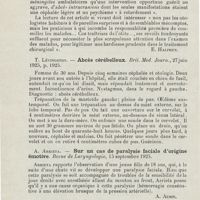 0638 - Page 636 - Revue analytique (Ouvrages, thèses et articles). Henri Aboulker. - Les complications silencieuses des otites. Presse médicale... [E. Halphen] / T. Lévingston. - Abcès cérébelleux. Brit. Med. Journ... / A. Arrieta. - Sur un cas de paralysie faciale d'origine émotive. Revue de Laryngologie... [A. Aubin] / Adson. - Traitement chirurgical de la paralysie faciale. Arch. of Oto-laryngology...
