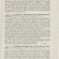 0639 - Page 637 - Revue analytique (Ouvrages, thèses et articles). Adson. - Traitement chirurgical de la paralysie faciale. Arch. of Oto-laryngology... / Aloin. - A propos des indications de la trépanation labyrinthique (Revue de Laryngologie...) [A. Aubin] / Dench. - Quelques remarques sur la chirurgie du labyrinthe. The Laryngoscope...