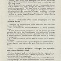 0697 - Page 695 - Sociétés savantes. Société royale de médecine. Section de laryngologie. 6 novembre 1925. M. Vlasto. - Extraction de deux pièces de monnaie de l'oesophage / Vlasto. - Traitement d'un cancer oesophagien avec des tubes de Souttar / Vlasto. - Leucémie lymphoïde chronique avec hypertrophie énorme des amygdales
