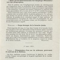 0711 - Page 709 - Sociétés savantes. Société tchécoslovaque d'oto-laryngologie. 9 février 1924. Greif. - c) Deux cas de rétrécissements de l'oesophage. Démonstration des skiagraphies / Wiskovsky. - Corps étranger de la bronche droite / 1er mars 1925. Vymola. - Présentation d'un cas de sclérome, provenant du nord-est de la Bohême / Tesar. - Hémangiome de la langue