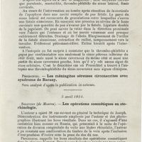 0713 - Page 711 - Sociétés savantes. Société tchécoslovaque d'oto-laryngologie. 1er mars 1925. Precechtel. - Un cas de septicémie otogène, thrombo-phlébite de plusieurs sinus et de la veine jugulaire avec une fusée cervicale / Precechtel. - Les méningites séreuses circonscrites avec syndrome de Barany / 5 avril 1924. Solovcov... - Les opérations cosmétiques en oto-rhinologie / Bybak... - Traitement par dérivation en oto-rhinologie