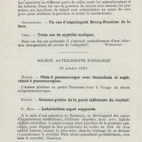 0716 - Page 714 - Sociétés savantes. Société tchécoslovaque d'oto-laryngologie. 11 mai 1924. Jindra... - Les sels de bismuth dans le traitement de la syphilis des voies respiratoires supérieures / Crha. - Trois cas de syphilis maligne / Société autrichienne d'otologie. 26 octobre 1925. Ruttin. - Otite à pneumocoque avec thrombose et septicémie à pneumocoques / O. Beck. - Labyrinthite aiguë suppurée