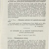 0717 - Page 715 - Sociétés savantes. Société d'oto-rhino-laryngologie de Paris. 14 janvier 1926. Grossard. - Fibro-sarcome naso-pharyngien datant de plus de trente ans, ayant perdu histologiquement toute malignité / G.-A. Weill. - Rétention salivaire de la glande sous-maxillaire / IIIe Congrès de la Société tchécoslovaque d'oto-laryngologie. Prague 31 mai et 1er juin 1924. Kutvirt. - Cholesteatoma verum