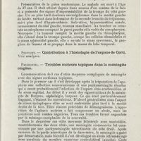 0723 - Page 721 - Sociétés savantes. IIIe Congrès de la Société tchécoslovaque d'oto-laryngologie. Prague 31 mai et 1er juin 1924. Vymola. - Cystadénome du nez / Jelinek. - Epithélioma primitif du rhinopharynx / Solovcov. - Contribution à l'histologie de l'organe de Corti / Precechtel. - Troubles moteurs topiques dans la méningite otogène