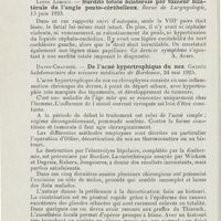 0742 - Page 740 - Revue analytique (Ouvrages, thèses et articles). Bard. - Des bases physiologiques et de l'utilisation clinique de l'exploration voltaïque des labyrinthes et des centres gyratifs. Journal de méd. de Lyon... [Sargnon] / Louis Leroux. - Surdité totale bilatérale par tumeur bilatérale de l'angle ponto-cérébelleux. Revue de Laryngologie... [A. Aubin] / David-Chaussée. De l'acné hypertrophique du nez. Gazette hebdomadaire des sciences médicales de Bordeaux... [M. Buneau]