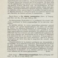 0744 - Page 742 - Revue analytique (Ouvrages, thèses et articles). John Freeman. - Le coryza spasmodique. Journ. of Laryng. and Otol... [Quirin] / Brown Kelly. - La rhinite vasomotrice. Jour. of Laryng. and Otol... [Quirin] / James Adam. - Rhinorrhée paroxystique. Journ. of Laryng. and Otol...