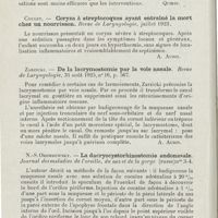 0746 - Page 744 - Revue analytique (Ouvrages, thèses et articles). M.-C. Tod. - Les résultats opératoires dans l'asthme nasal et pharyngé. Journ. of Laryng. and Otol... [Quirin] / Coulet. - Coryza à streptocoques ayant entraîné la mort chez un nourrisson. Revue de Laryngologie... [A. Aubin] / Zarzicki. - De la lacrymostomie par la voie nasale. Revue de Laryngologie... [A. Aubin] / N.-S. Orembowsky. - La dacryocystorhinostomie endonasale. Journal des maladies de l'oreille, du nez et de la gorge...