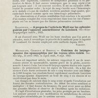 0760 - Page 758 - Revue analytique (Ouvrages, thèses et articles). L. Dufourmentel. - Les hémoptysies non pulmonaires. Bulletin Médical... / Baldenweck. - A propos de l'article de Weill sur les aphonies guéries par l'appareil assourdisseur de Lombard. Oto-rhino-laryngologie intern... [Sargnon] / Mouriquand, Charleux et Bertoye. - Guérison du laryngo-spasme des spasmophiles par les rayons ultra-violets. Soc. des hôp..., in Lyon méd... [Sargnon] / Aloin et Alexandre. - A propos de la paralysie des dilatateurs du larynx. Revue de Laryngologie...