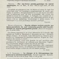 0768 - Page 766 - Revue analytique (Ouvrages, thèses et articles). Cazejust et Alinat. - Diverticule congénital de la paroi latérale haute de l'hypopharynx (Revue de Laryngologie...) [A. Aubin] / Creyssel. - Sur une forme pseudo-gastrique du cancer oesophagien, Soc. De Méd..., in Lyon méd... [Sargnon] / Mouret et Seigneurin. - Bouche oblique ovalaire gauche par lésion parcellaire du nerf trijumeau gauche (nerf buccal). Atteinte du muscle ptérygoïdien gauche (Revue de Laryngologie...) [A. Aubin] / L. N. Nathanson. - La clinique et la thérapeutique des kystes de la mâchoire supérieure. Journal (russe) des maladies de l'oreille, du nez et de la gorge... [S. Kompagneetz]