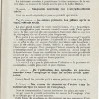 0814 - Page 813 - Sociétés savantes. XXXIe Congrès de la Société belge d'oto-rhino-laryngologie. 4-6 juillet 1925. Heyninx. - L'abcès périostique infra-molaire interne et ses complications / Marbaix. - Cinquante nouveaux cas d'amygdalectomie totale / Van Caneghem. - La suture primaire des piliers après la tonsillectomie totale / J. Guisez. - De l'extractions des épingles de nourrice ouvertes dans l'oesophage et dans les autres cavités naturelles / J. Guisez. - Des causes de réussite ou d'échec dans la radiumthérapie du cancer de l'oesophage