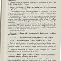 0818 - Page 817 - Sociétés savantes. XXXIe Congrès de la Société belge d'oto-rhino-laryngologie. 4-6 juillet 1925. Ledoux. - Sur la technique radium-chirurgicale dans le traitement du cancer / Van den Wildenberg. - Corps étrangers de l'oesophage et des bronches / Van den Wildenberg. - Deux nouveaux cas de diverticules oesophagiens opérés et guéris / Eeman. - Mensuration de l'acuité auditive par la voix / Eeman. - Otite aiguë purulente comme première manifestation de tumeur maligne du cavum / Sargnon. - Considérations cliniques sur l'otite moyenne aiguë des jeunes enfants, surtout des nourrissons