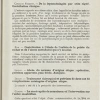 0820 - Page 819 - Sociétés savantes. XXXIe Congrès de la Société belge d'oto-rhino-laryngologie. 4-6 juillet 1925. Corrado Ferretti. - Contribution à la technique radiologique de la mastoïde. Méthode personnelle / Corrado Ferretti. - De la leptoméningite par otite aiguë. Contribution clinique / Bar. - Contribution à l'étude de l'ostéite de la pointe du rocher et de l'abcès extradural qui s'y localise / Leclef. - Traitement chirurgical et guérison de deux cas de complications méningées d'origine otique / Canuyt. - La mort rapide du nourrisson et l'intervention sur l'antre mastoïdien