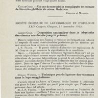 0821 - Page 820 - Sociétés savantes. XXXIe Congrès de la Société belge d'oto-rhino-laryngologie. 4-6 juillet 1925. Canuyt. - La mort rapide du nourrisson et l'intervention sur l'antre mastoïdien / Société écossaise de laryngologie et d'otologie. XXIIe Congrès, Glasgow, 21 novembre 1925. Albert Gray. - Disposition anatomique dans le labyrinthe des oiseaux non décrite jusqu'à présent / Donald Watson. - Technique pour la ligature des vaisseaux dans la loge amygdalienne