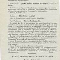 0823 - Page 822 - Sociétés savantes. Société écossaise de laryngologie et d'otologie. XXIIe Congrès, Glasgow, 21 novembre 1925. James Adam. - Fixation de la corde vocale gauche / James Adam. - Quatre cas de tumeurs trachéales / Macartney : Chondrome laryngé / John W. Leitch. - Un cas de diagnostic / Société d'oto-rhino-laryngologie de Paris. Jeudi 11 février 1926. Disbury. - Observation d'une migraine guérie